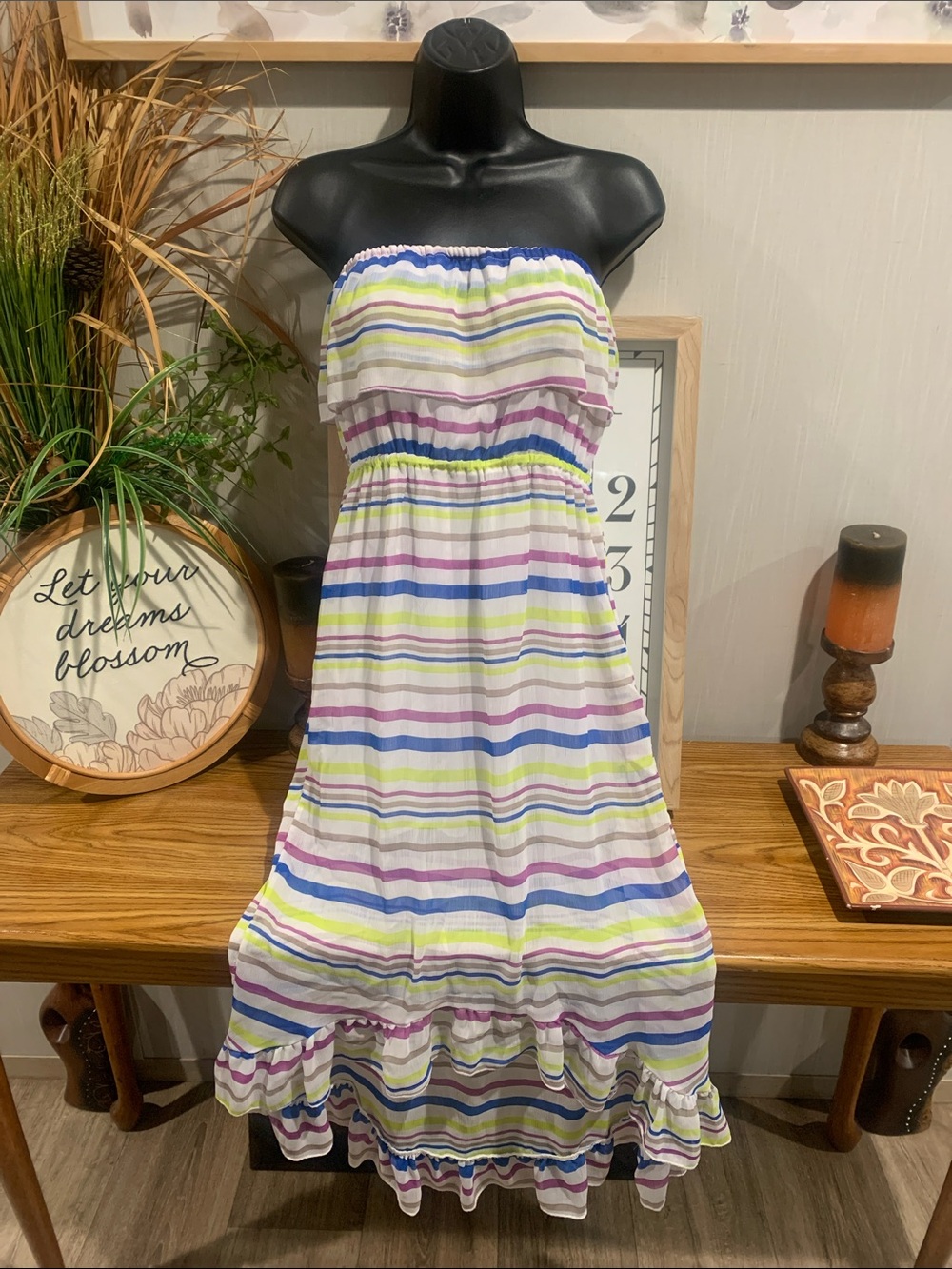 Say What? White Strapless Maxi Dress with Blue, Purple, Lime Stripes